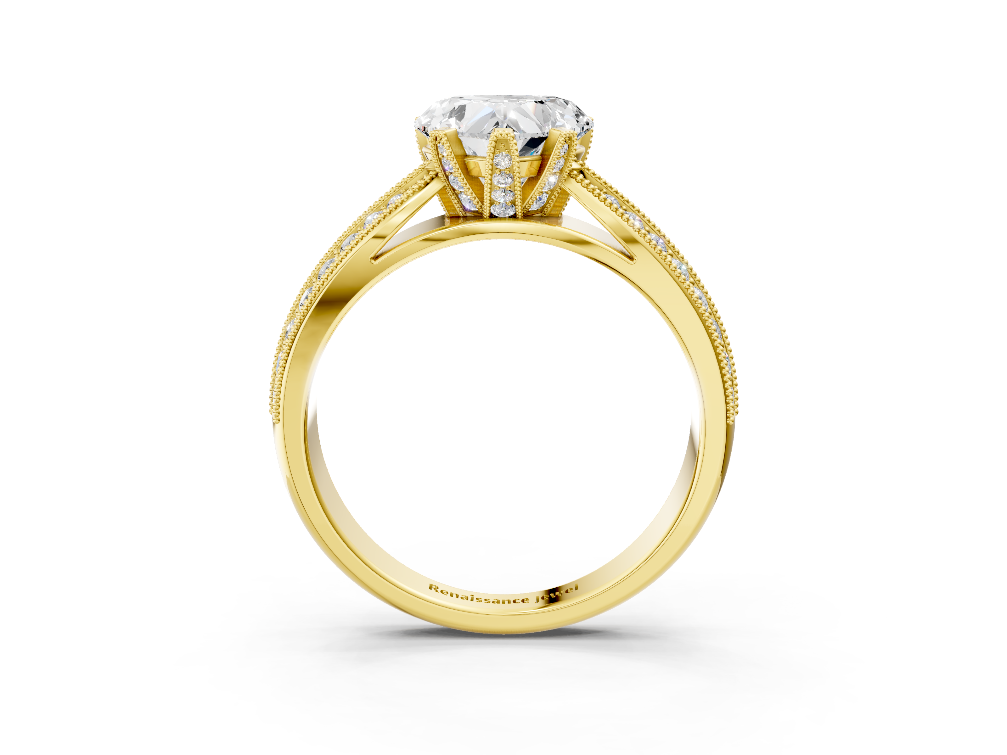 Yellow gold Heart Cut Moissanite   Solitaire Diamond Ring with Milgrain Pavé Band and Four-Prong Setting_37