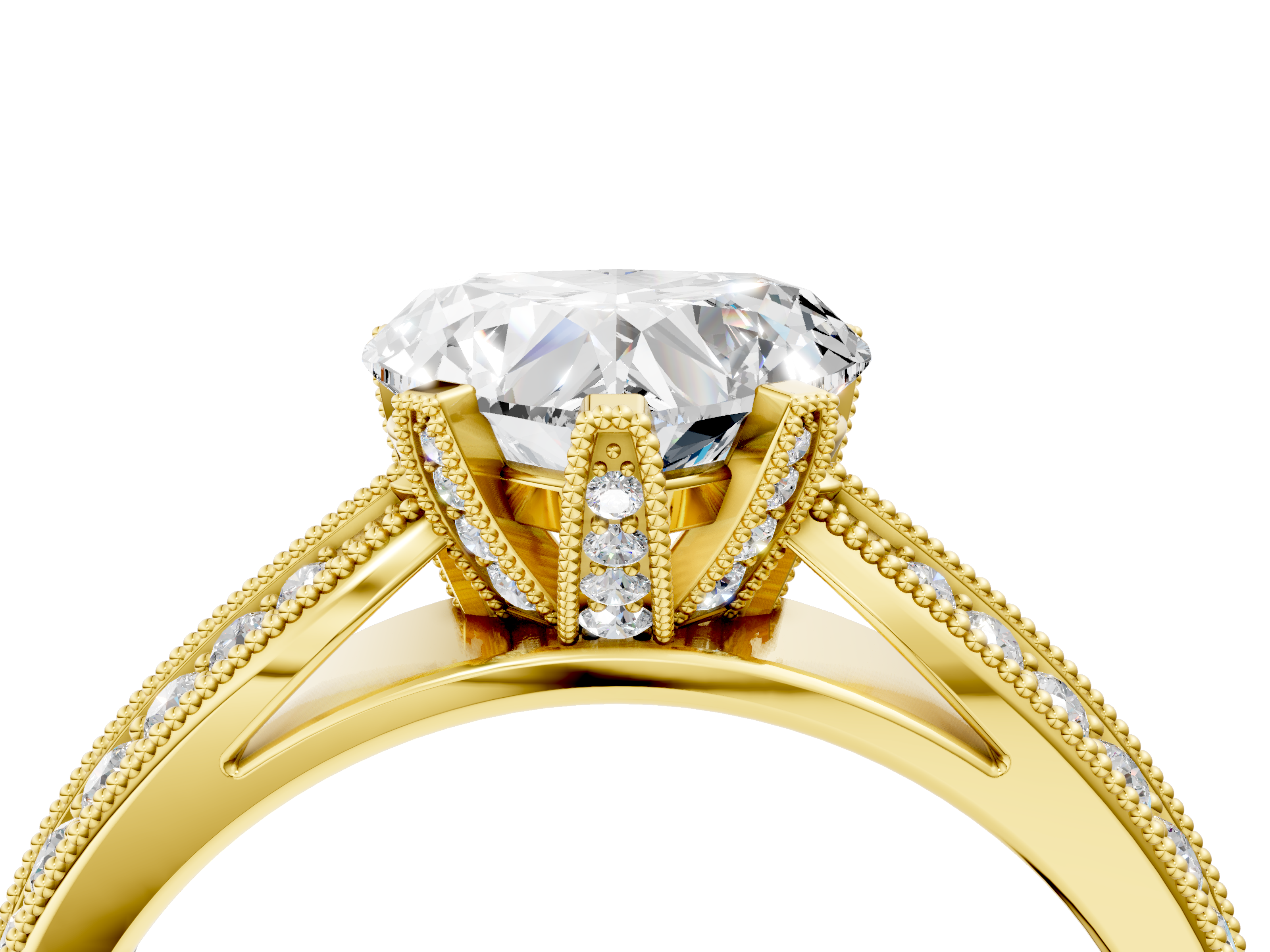Yellow gold Heart Cut Moissanite   Solitaire Diamond Ring with Milgrain Pavé Band and Four-Prong Setting_38