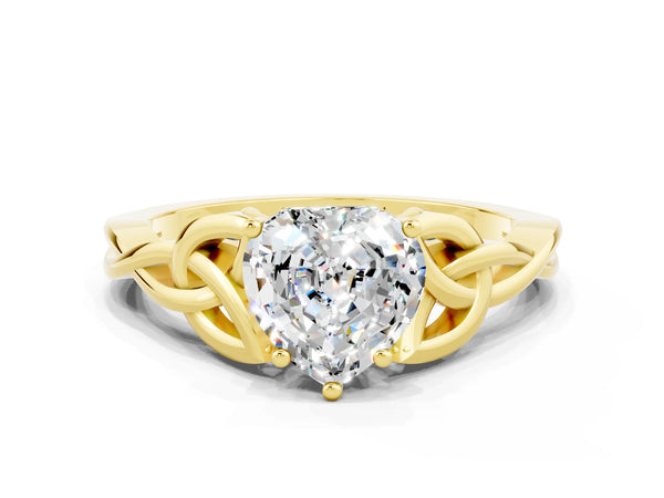 Yellow gold Heart Cut Moissanite Solitaire Engagement Ring with Celtic Knot Band and Four-Prong Setting