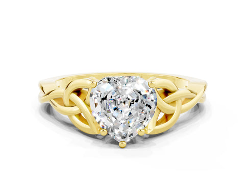 Yellow gold Heart Cut Moissanite Solitaire Engagement Ring with Celtic Knot Band and Four-Prong Setting
