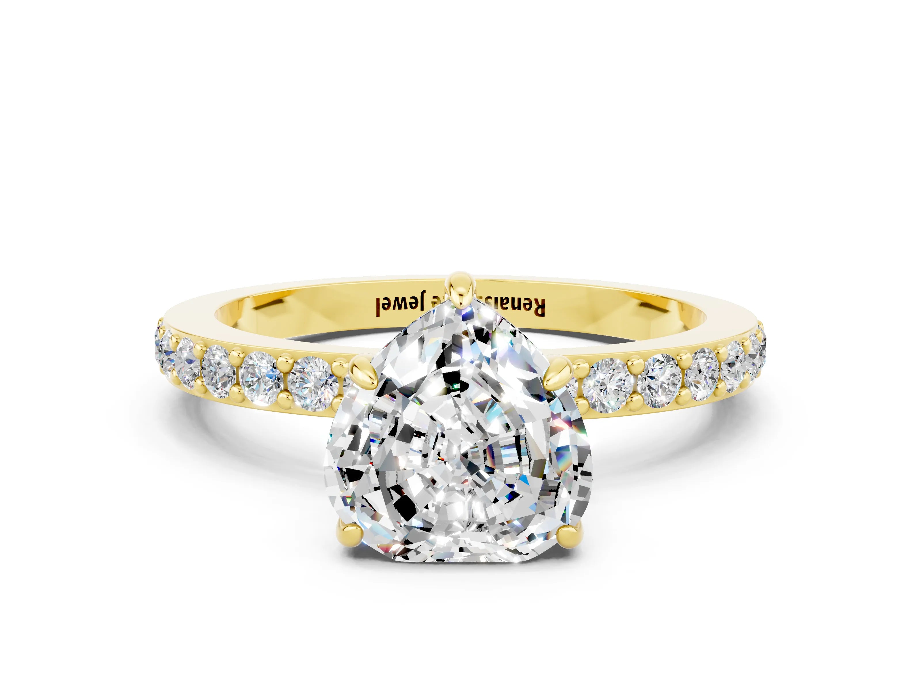 Yellow gold Heart Cut Moissanite Solitaire Engagement Ring with Pavé Band and Four-Prong Setting