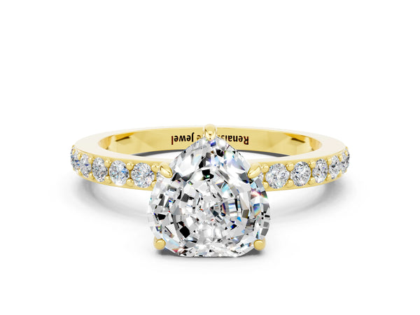 Yellow gold Heart Cut Moissanite Solitaire Engagement Ring with Pavé Band and Four-Prong Setting