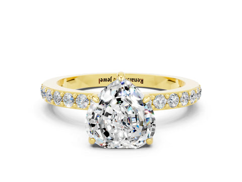 Yellow gold Heart Cut Moissanite Solitaire Engagement Ring with Pavé Band and Four-Prong Setting