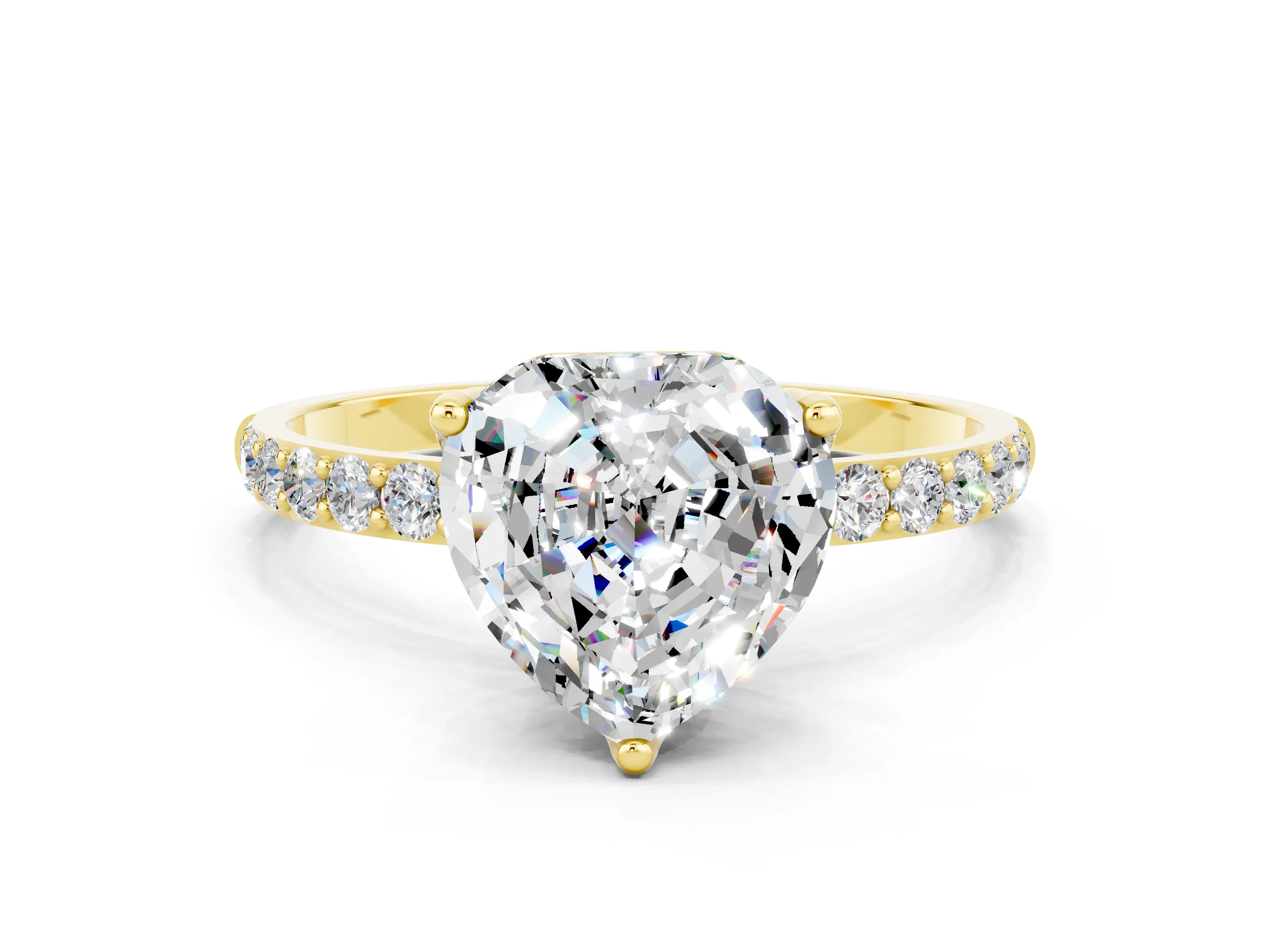 Yellow gold Heart Cut Moissanite Solitaire Engagement Ring with Pavé Band and Prong Setting