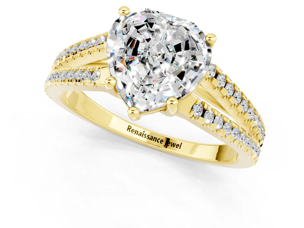 Yellow gold Heart Cut Moissanite Solitaire Engagement Ring with Split Shank Pavé Band