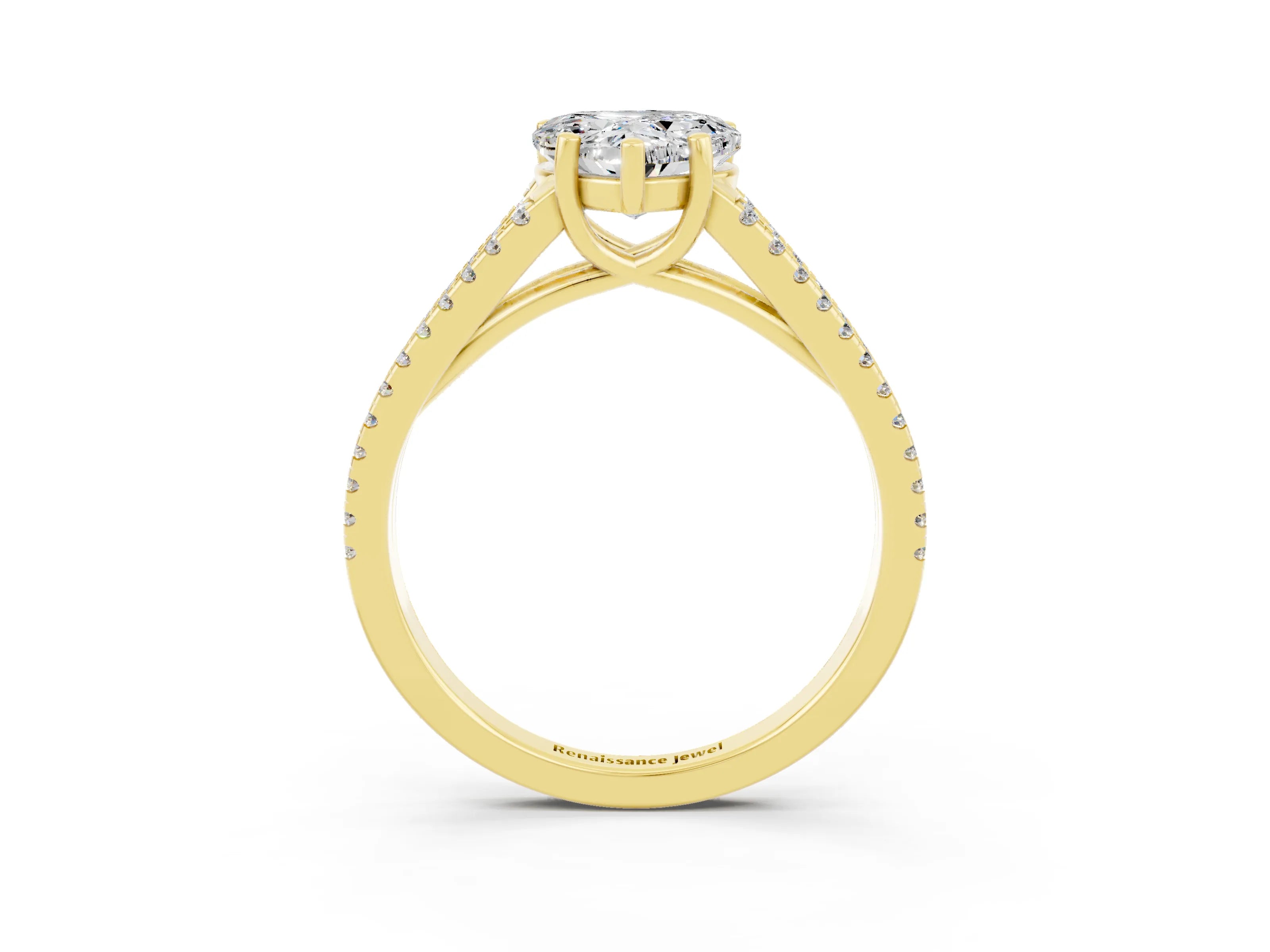 Yellow gold Heart Cut Moissanite Solitaire Engagement Ring with Split Shank Pavé Band_3