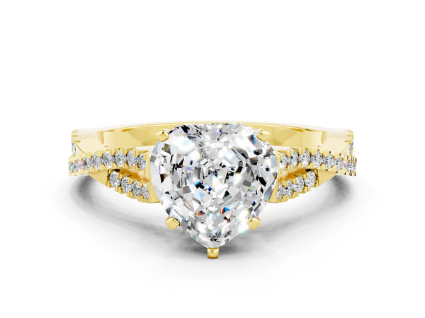 Yellow gold Heart Cut Moissanite Solitaire Engagement Ring with Twisted Pavé Band and Four-Prong Setting