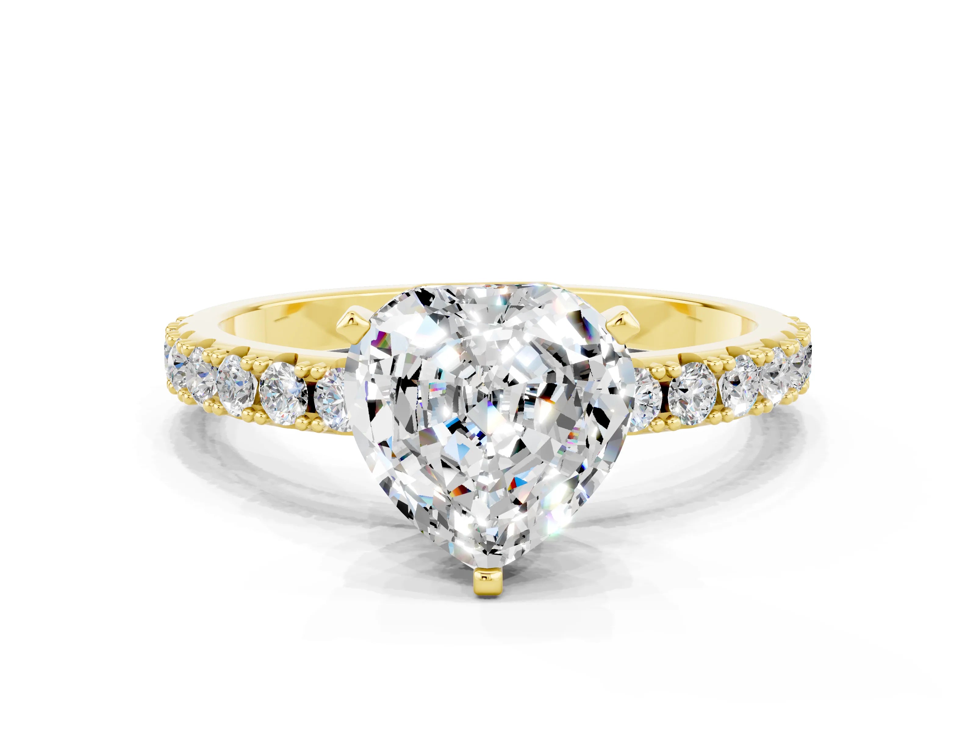 Yellow gold Heart Cut Moissanite Solitaire Pavé Band with Four-Prong Setting