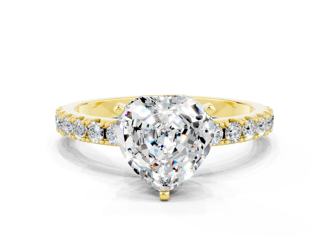 Yellow gold Heart Cut Moissanite Solitaire Pavé Band with Four-Prong Setting