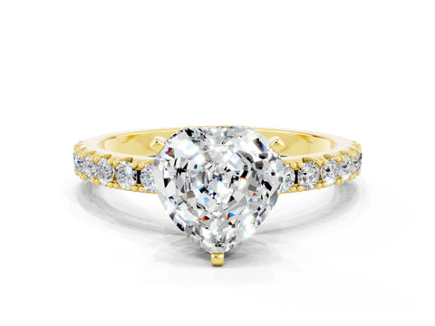 Yellow gold Heart Cut Moissanite Solitaire Pavé Band with Four-Prong Setting
