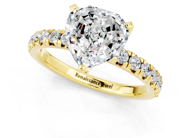 Yellow gold Heart Cut Moissanite Solitaire Pavé Engagement Ring with Round Band and Prong Setting