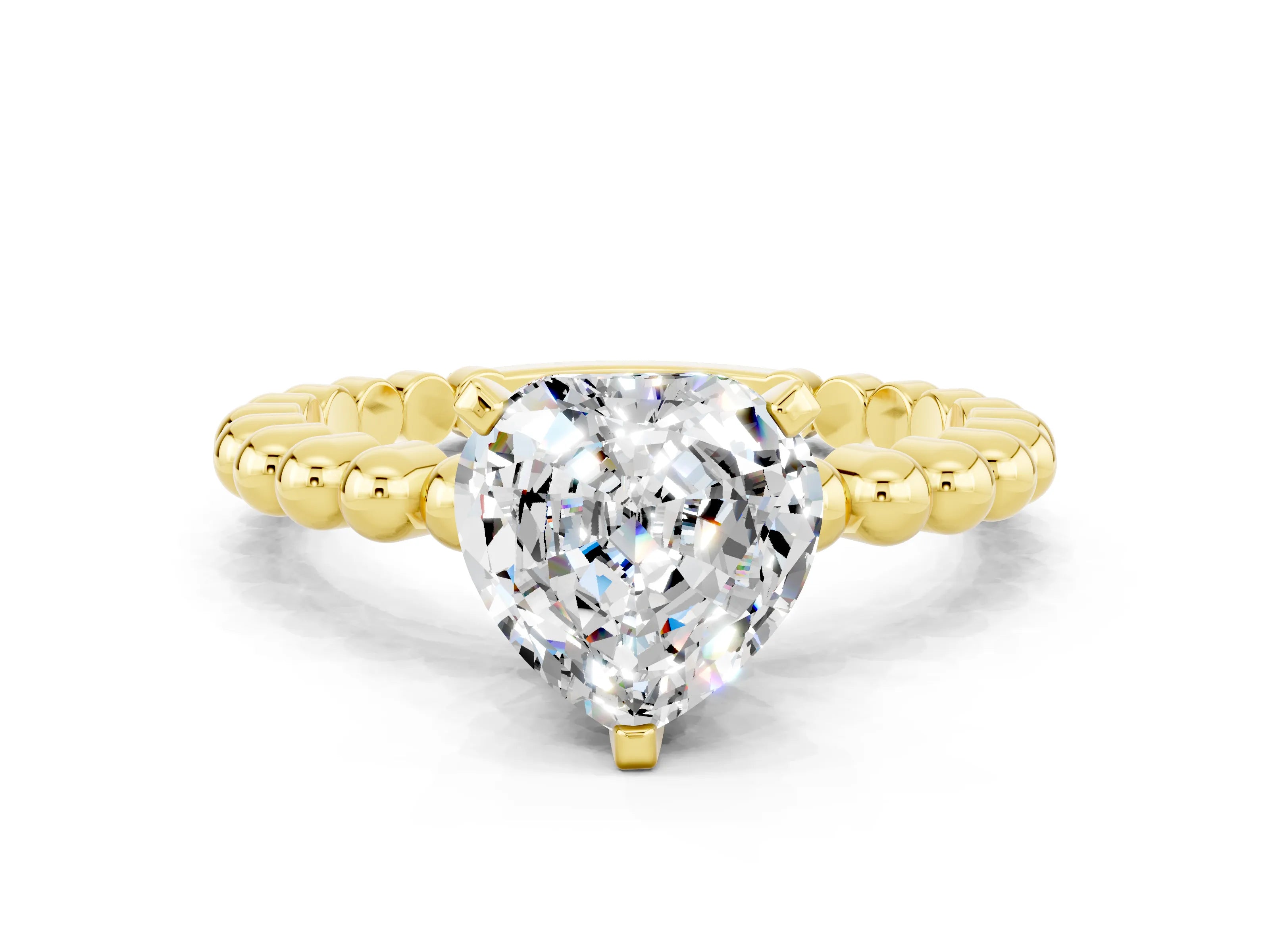 Yellow gold Heart Cut Moissanite Solitaire Ring with Beaded Band and Prong Setting