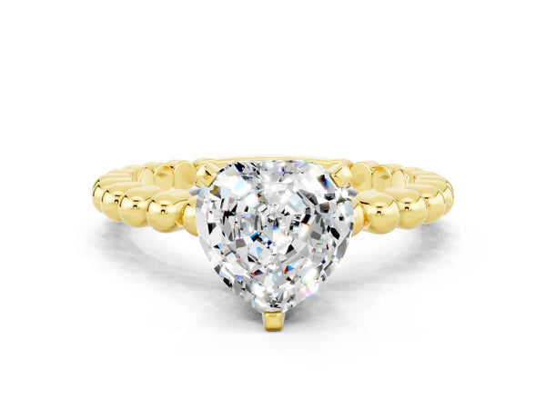 Yellow gold Heart Cut Moissanite Solitaire Ring with Beaded Band and Prong Setting