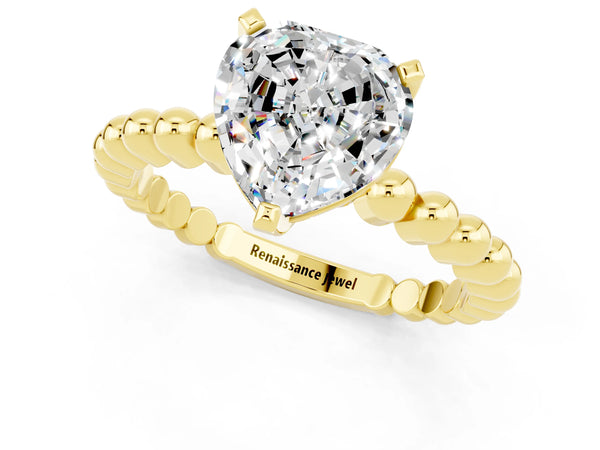 Yellow gold Heart Cut Moissanite Solitaire Ring with Beaded Band and Prong Setting