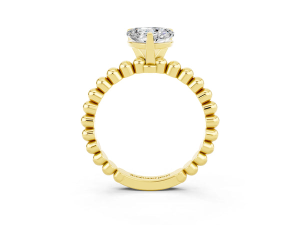 Yellow gold Heart Cut Moissanite Solitaire Ring with Beaded Band and Prong Setting