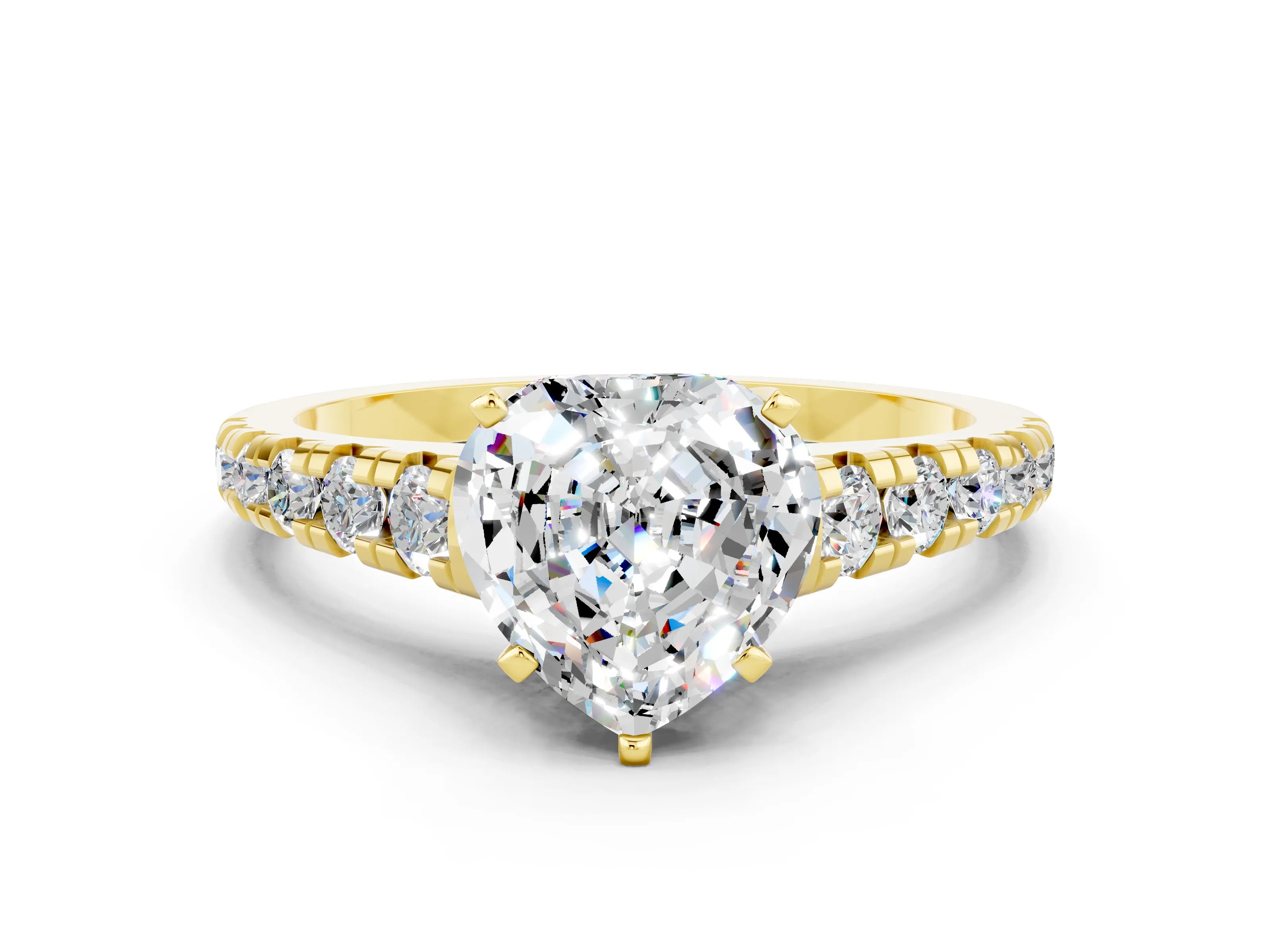 Yellow gold Heart Cut Moissanite Solitaire Ring with Cathedral Setting and Pavé Band