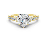 Yellow gold Heart Cut Moissanite Solitaire Ring with Cathedral Setting and Pavé Band