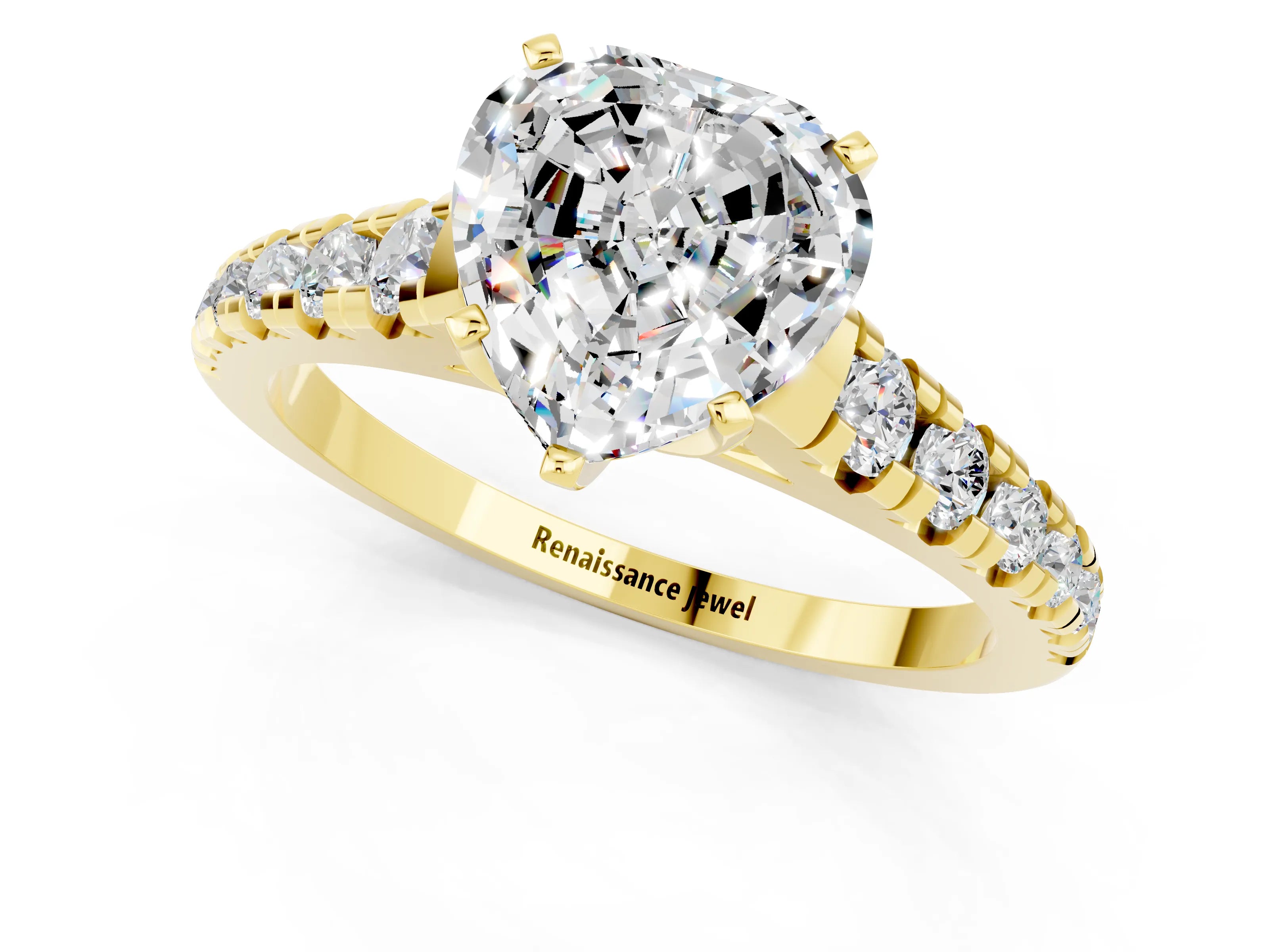 Yellow gold Heart Cut Moissanite Solitaire Ring with Cathedral Setting and Pavé Band_1
