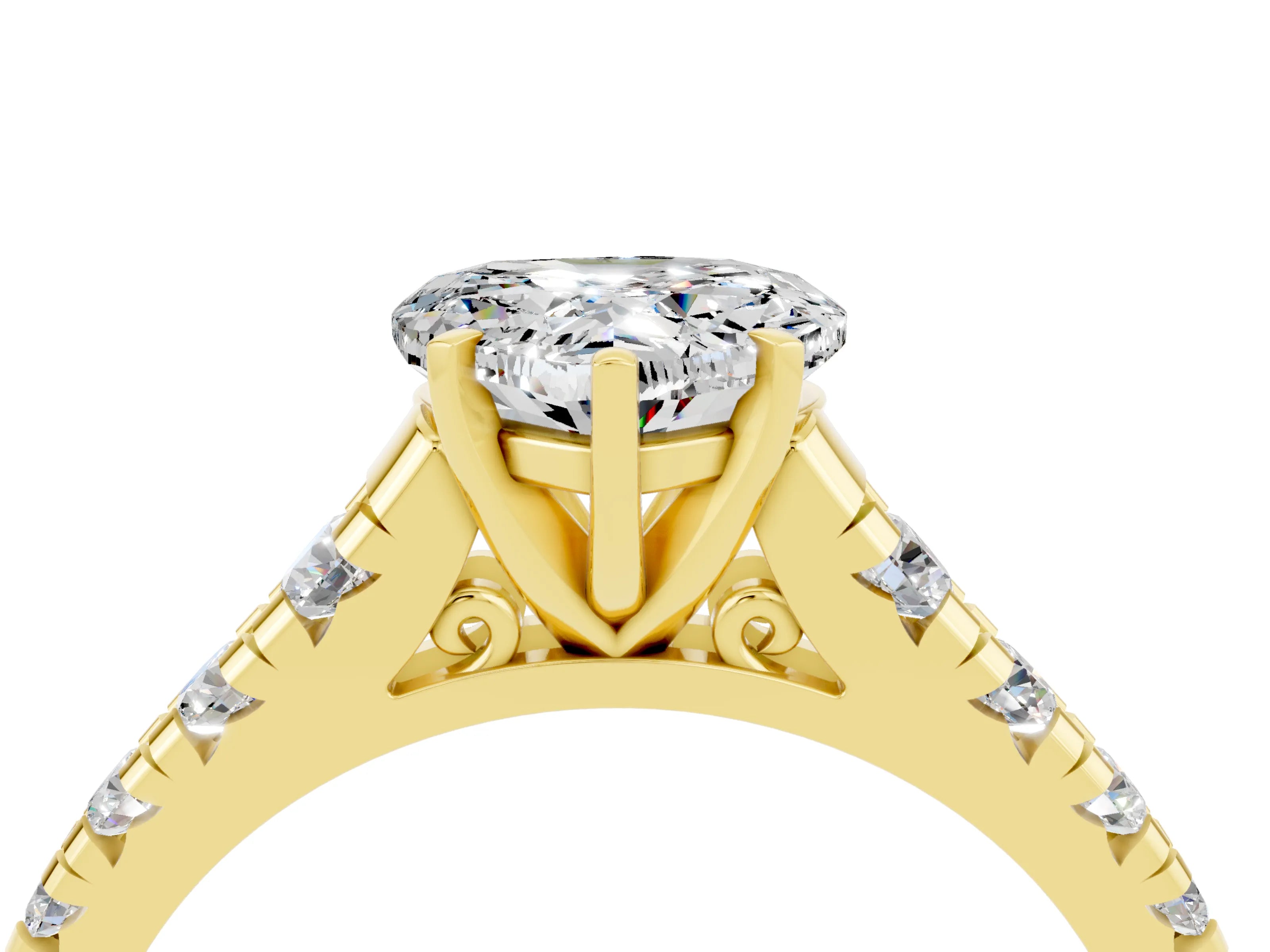 Yellow gold Heart Cut Moissanite Solitaire Ring with Cathedral Setting and Pavé Band_4