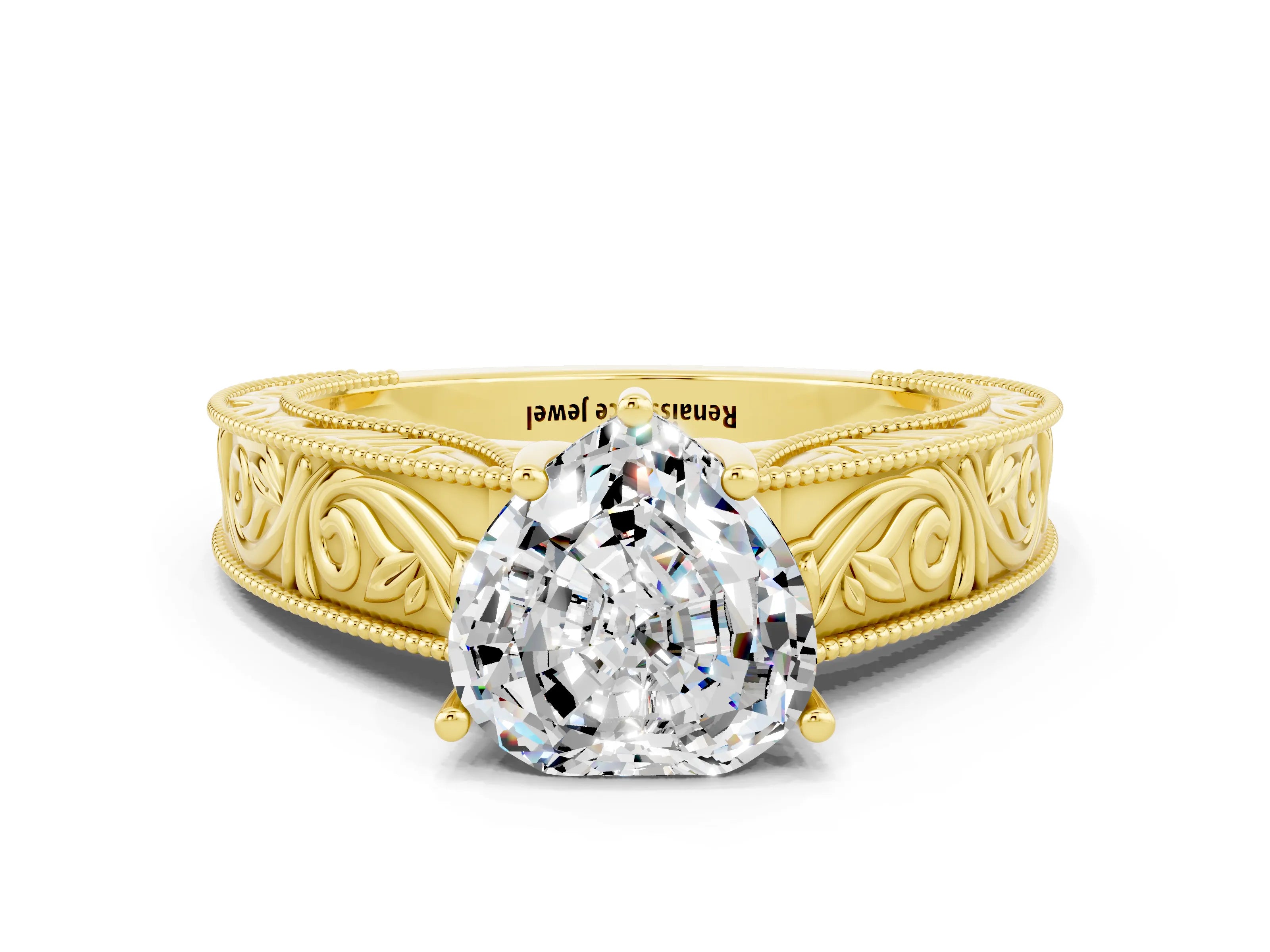 Yellow gold Heart Cut Moissanite Solitaire Ring with Engraved Band and Four-Prong Setting
