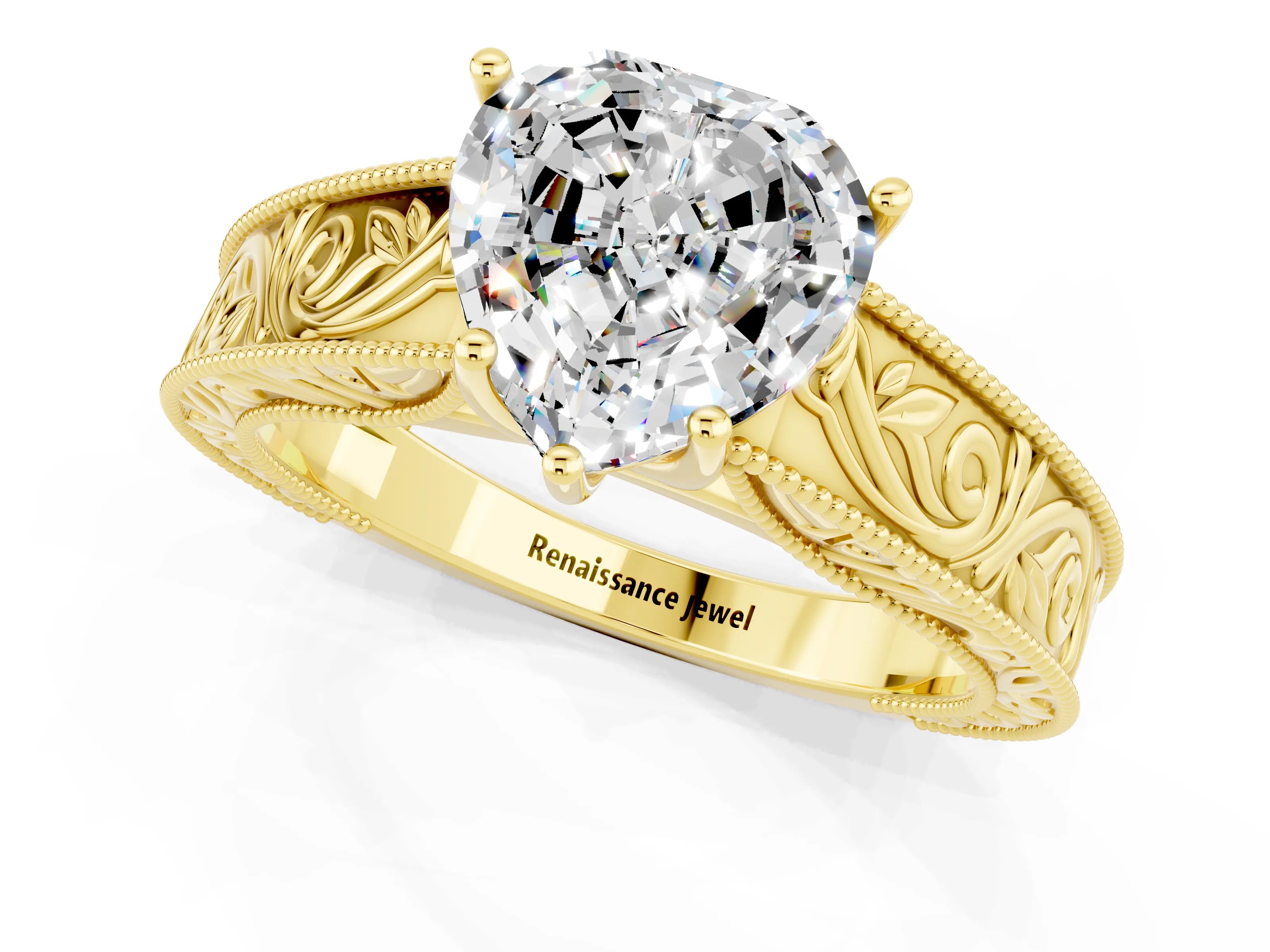 Yellow gold Heart Cut Moissanite Solitaire Ring with Engraved Band and Four-Prong Setting_1