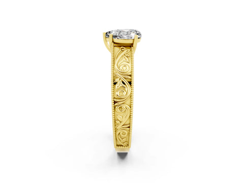 Yellow gold Heart Cut Moissanite Solitaire Ring with Engraved Band and Four-Prong Setting_2