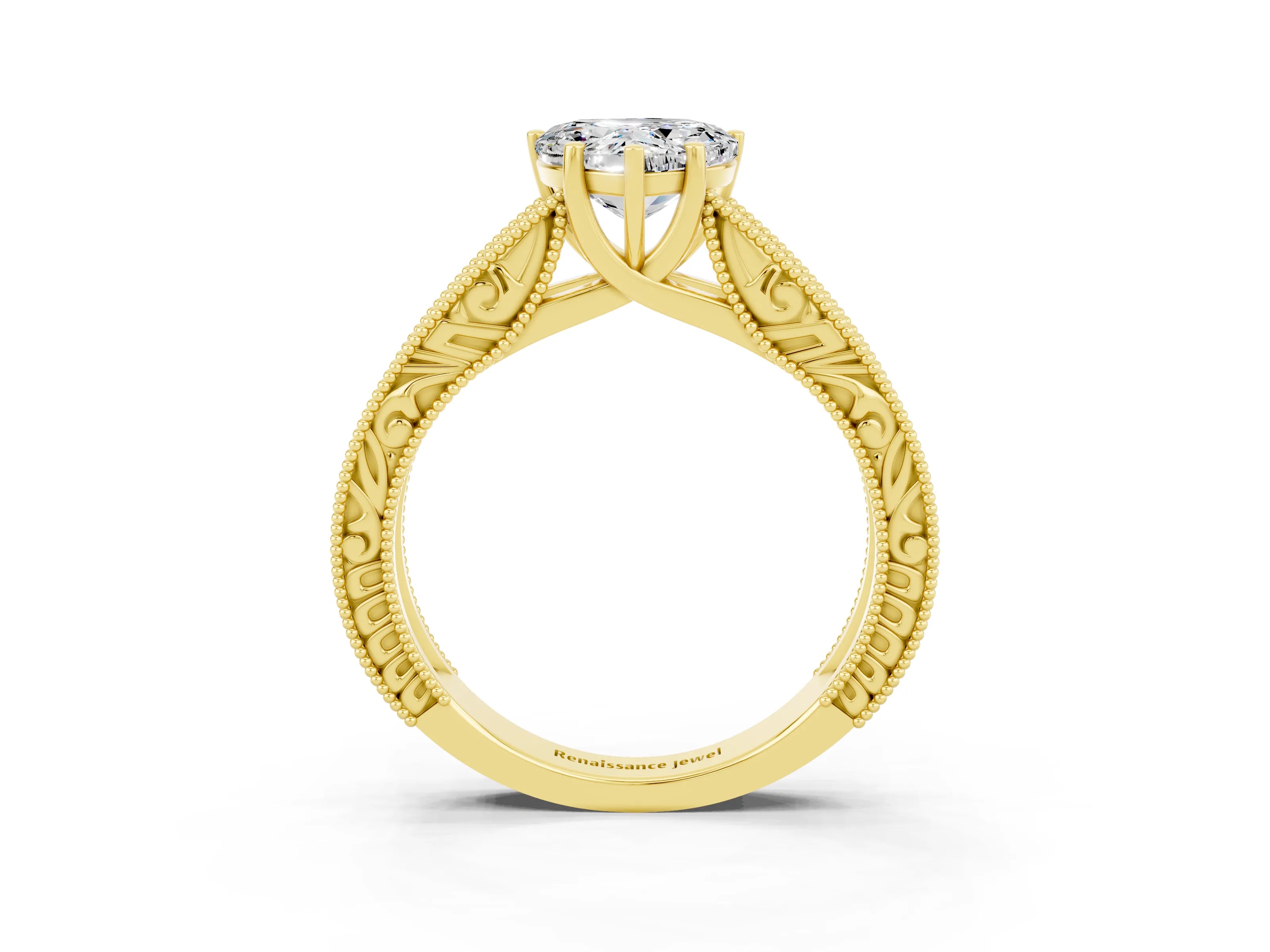 Yellow gold Heart Cut Moissanite Solitaire Ring with Engraved Band and Four-Prong Setting_3