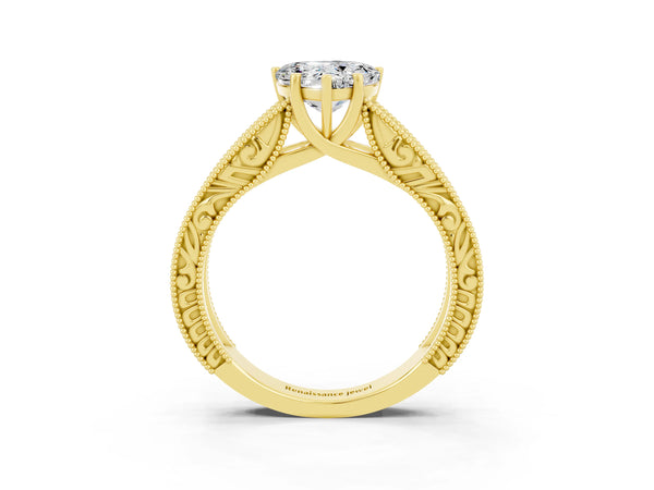 Yellow gold Heart Cut Moissanite Solitaire Ring with Engraved Band and Four-Prong Setting