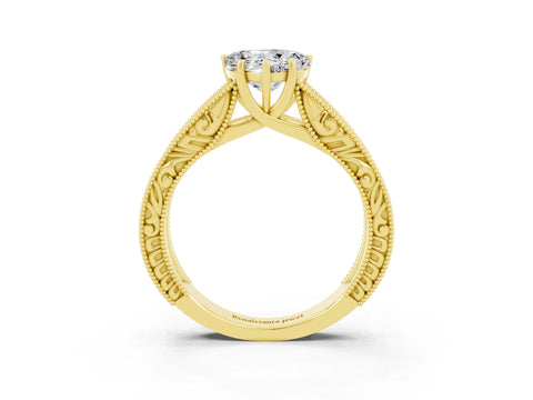 Yellow gold Heart Cut Moissanite Solitaire Ring with Engraved Band and Four-Prong Setting_3