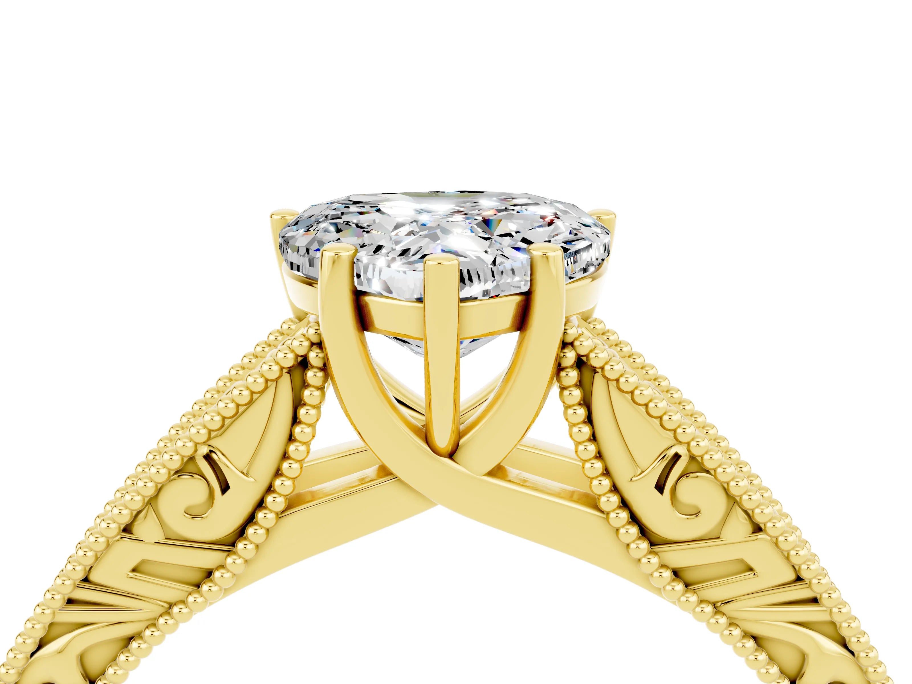 Yellow gold Heart Cut Moissanite Solitaire Ring with Engraved Band and Four-Prong Setting_4