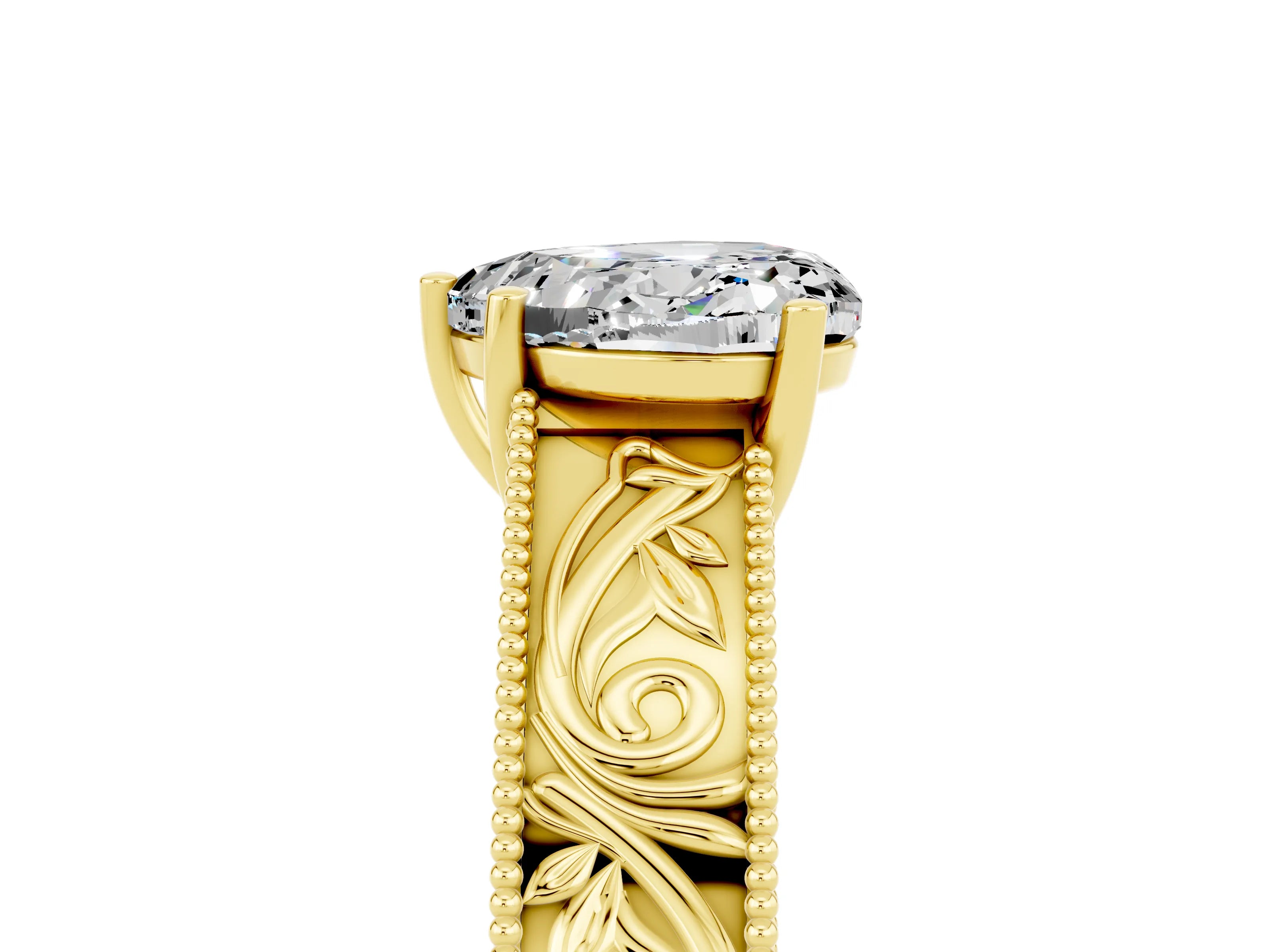 Yellow gold Heart Cut Moissanite Solitaire Ring with Engraved Band and Four-Prong Setting_5