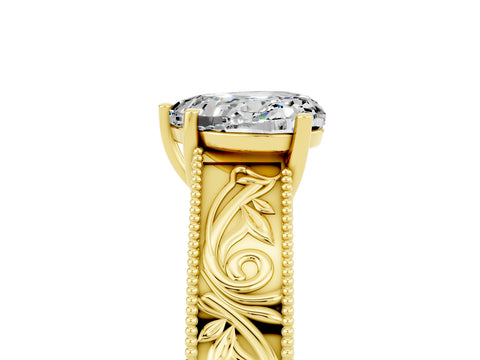 Yellow gold Heart Cut Moissanite Solitaire Ring with Engraved Band and Four-Prong Setting_5