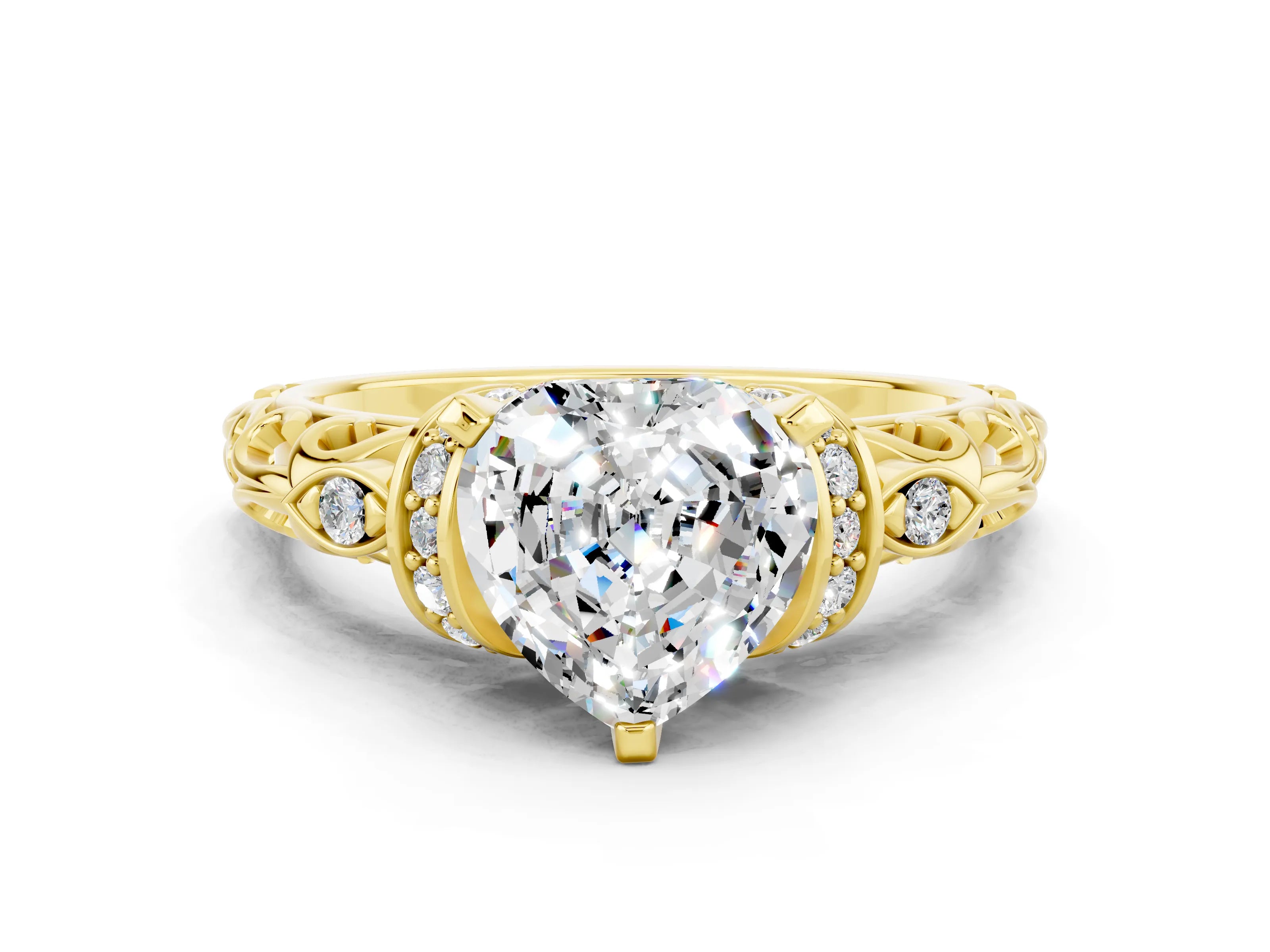 Yellow gold Heart Cut Moissanite Solitaire Ring with Filigree Band and Four-Prong Setting_24