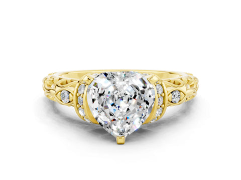 Yellow gold Heart Cut Moissanite Solitaire Ring with Filigree Band and Four-Prong Setting_24