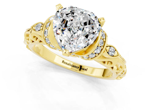Yellow gold Heart Cut Moissanite Solitaire Ring with Filigree Band and Four-Prong Setting_25