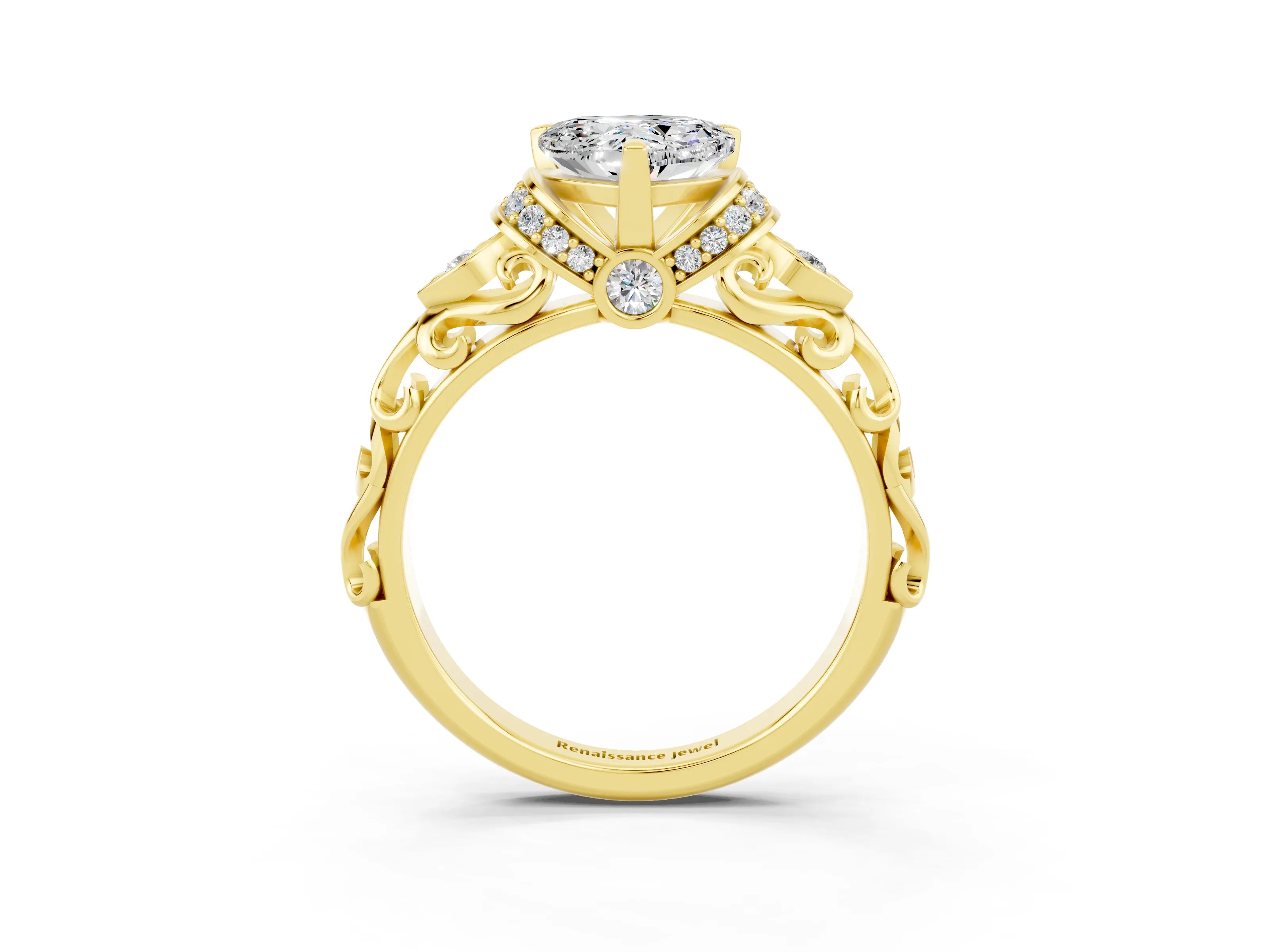 Yellow gold Heart Cut Moissanite Solitaire Ring with Filigree Band and Four-Prong Setting_27