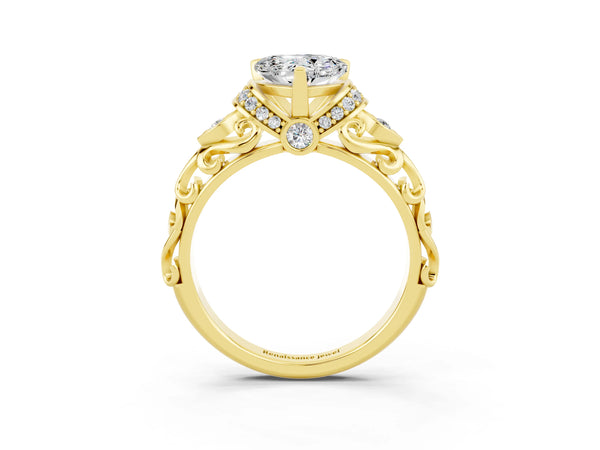 Yellow gold Heart Cut Moissanite Solitaire Ring with Filigree Band and Four-Prong Setting