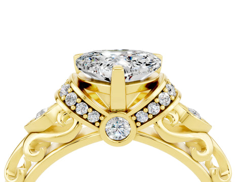 Yellow gold Heart Cut Moissanite Solitaire Ring with Filigree Band and Four-Prong Setting_28