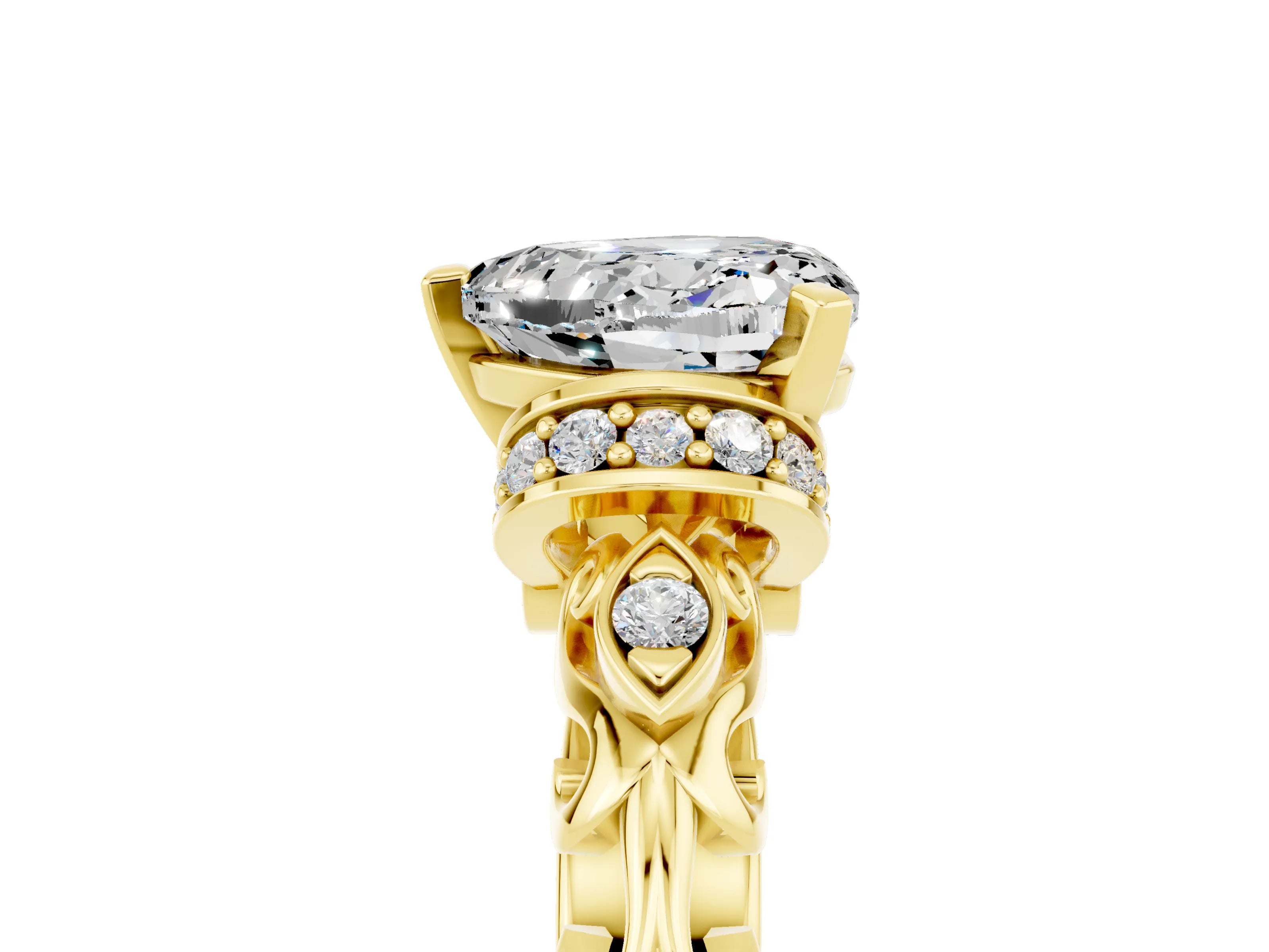 Yellow gold Heart Cut Moissanite Solitaire Ring with Filigree Band and Four-Prong Setting_29