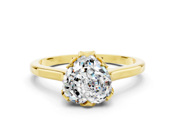 Yellow gold Heart Cut Moissanite Solitaire Ring with Flower Prong Setting and Classic Band