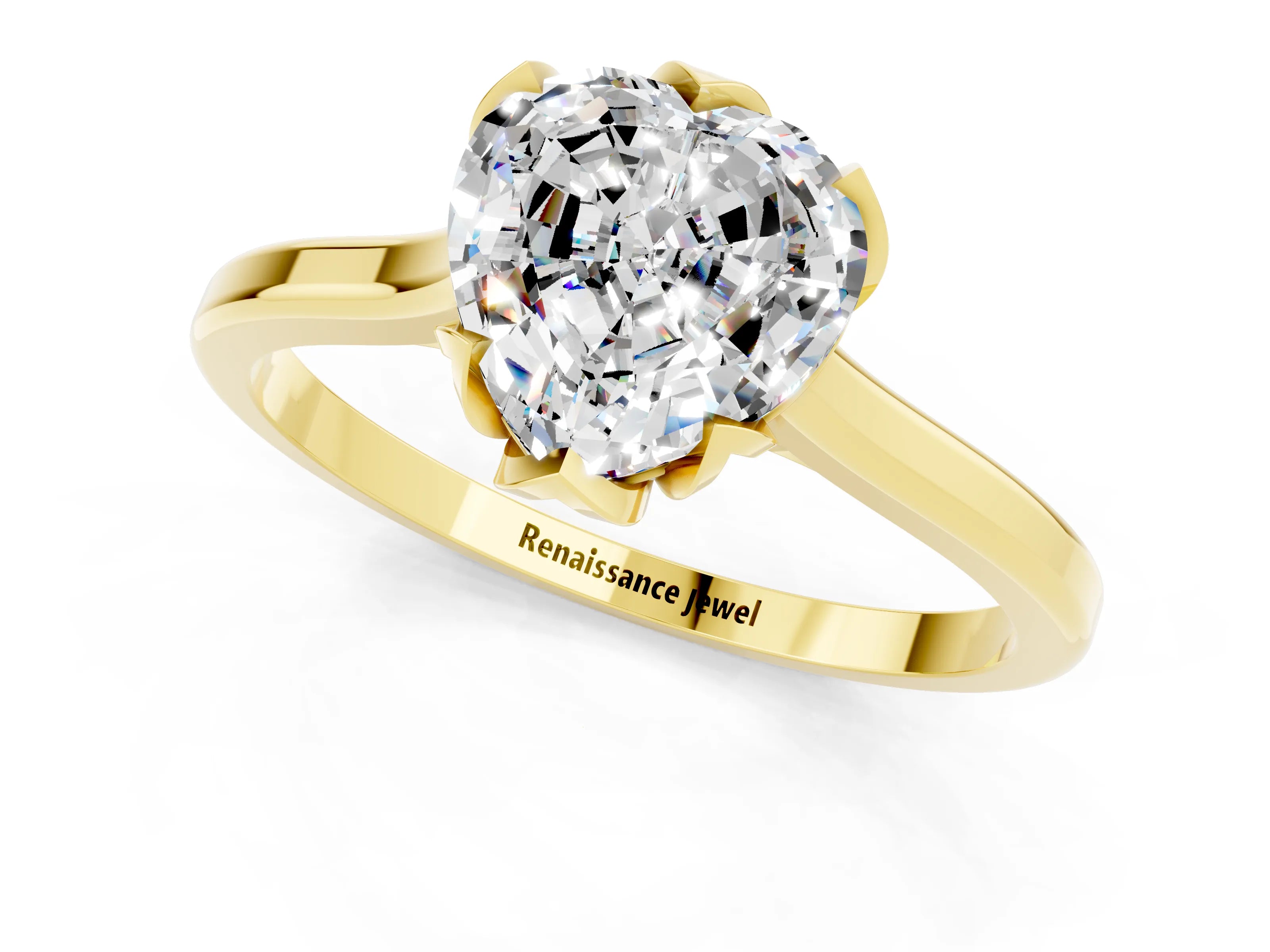 Yellow gold Heart Cut Moissanite Solitaire Ring with Flower Prong Setting and Classic Band_25