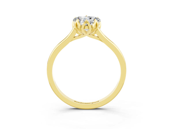 Yellow gold Heart Cut Moissanite Solitaire Ring with Flower Prong Setting and Classic Band