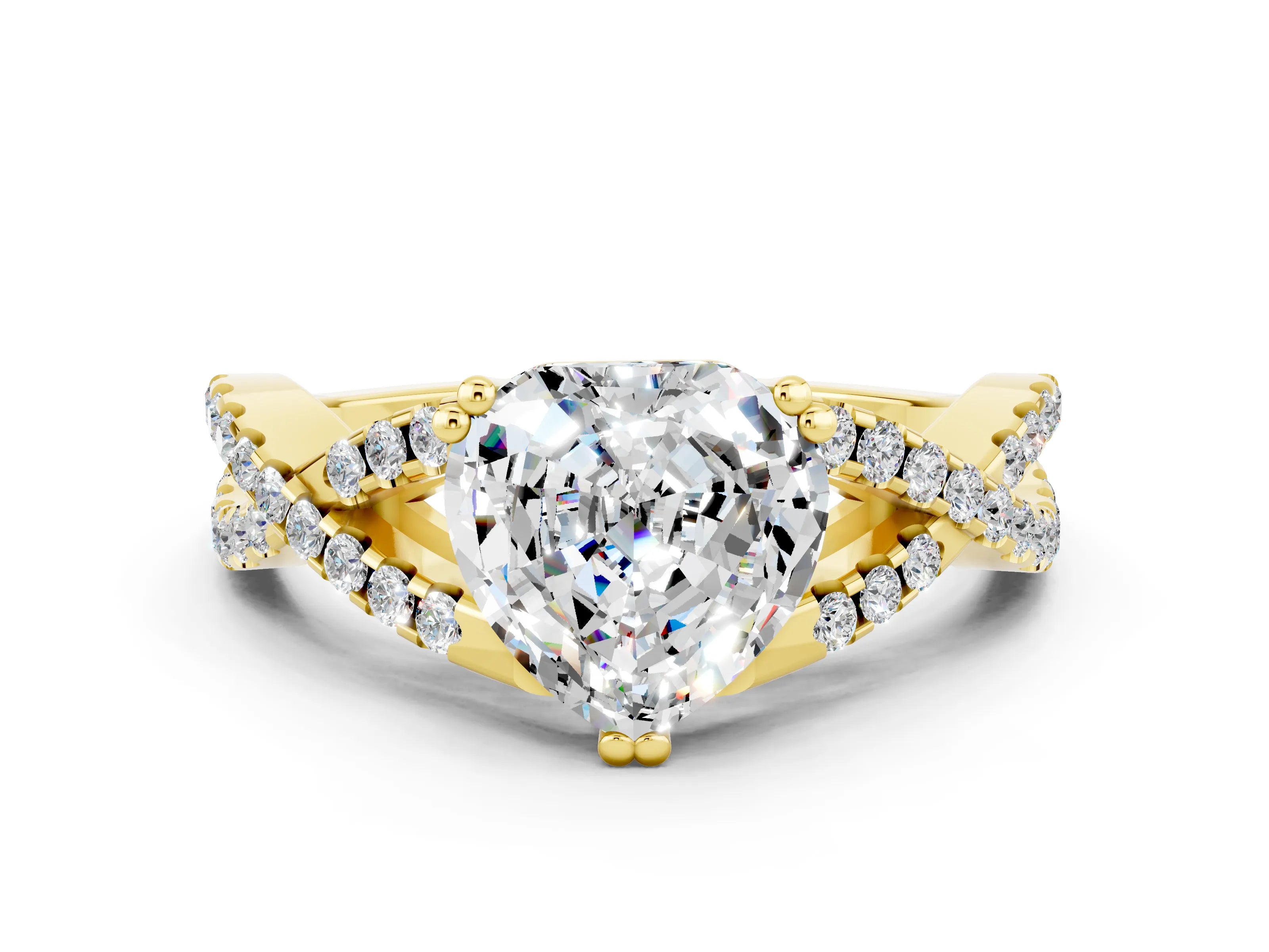 Yellow gold Heart Cut Moissanite Solitaire Ring with Four-Prong Setting and Twisted Pavé Band