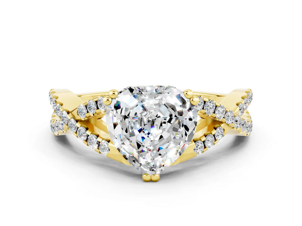 Yellow gold Heart Cut Moissanite Solitaire Ring with Four-Prong Setting and Twisted Pavé Band