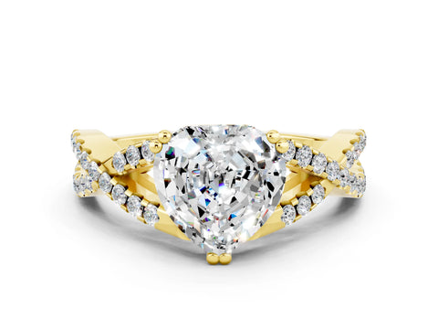 Yellow gold Heart Cut Moissanite Solitaire Ring with Four-Prong Setting and Twisted Pavé Band