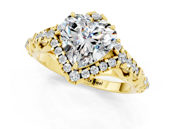 Yellow gold Heart Cut Moissanite Solitaire Ring with Hidden Halo and Pavé Band
