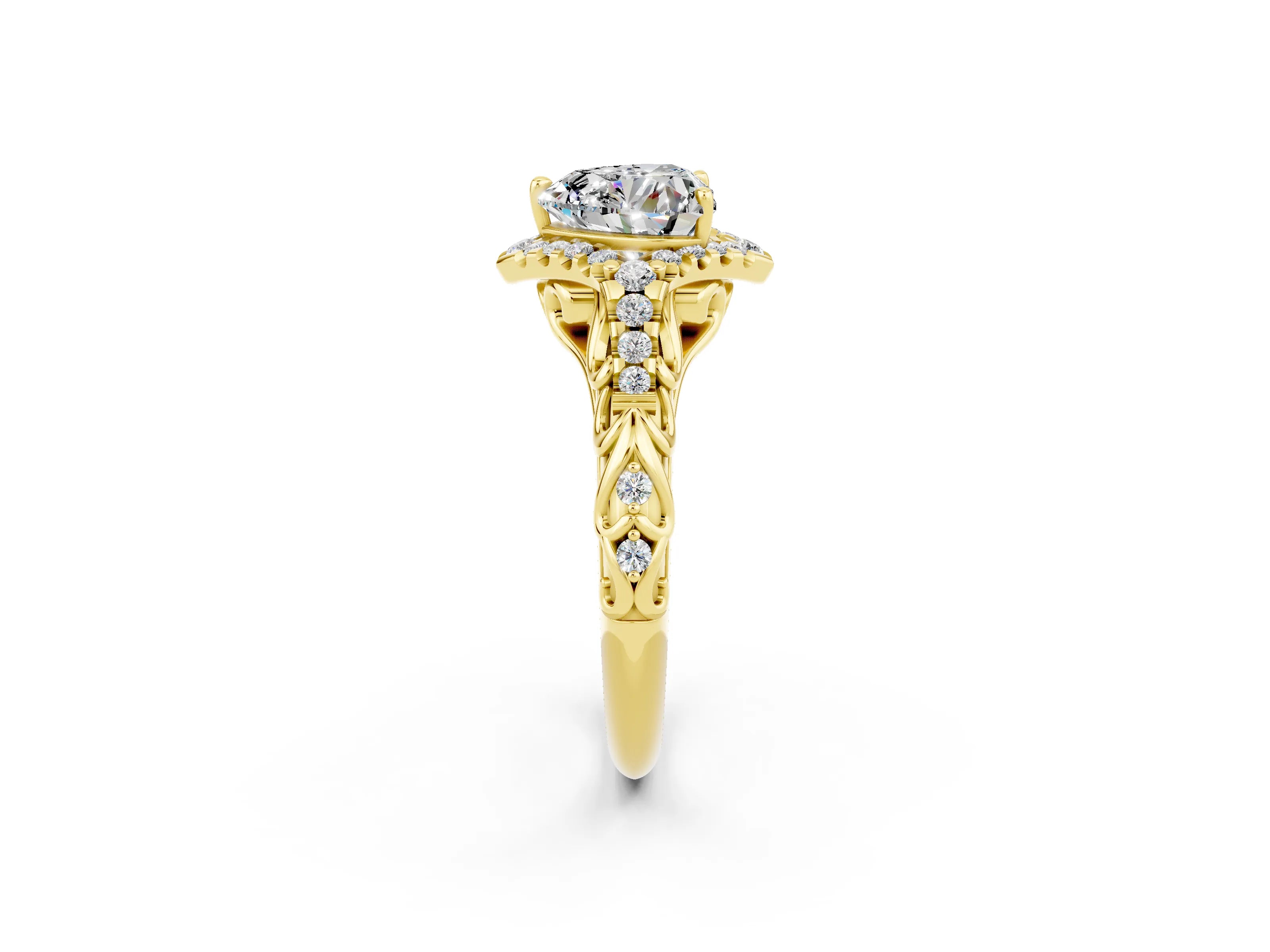 Yellow gold Heart Cut Moissanite Solitaire Ring with Hidden Halo and Pavé Band_14