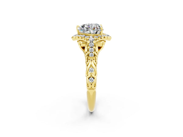 Yellow gold Heart Cut Moissanite Solitaire Ring with Hidden Halo and Pavé Band