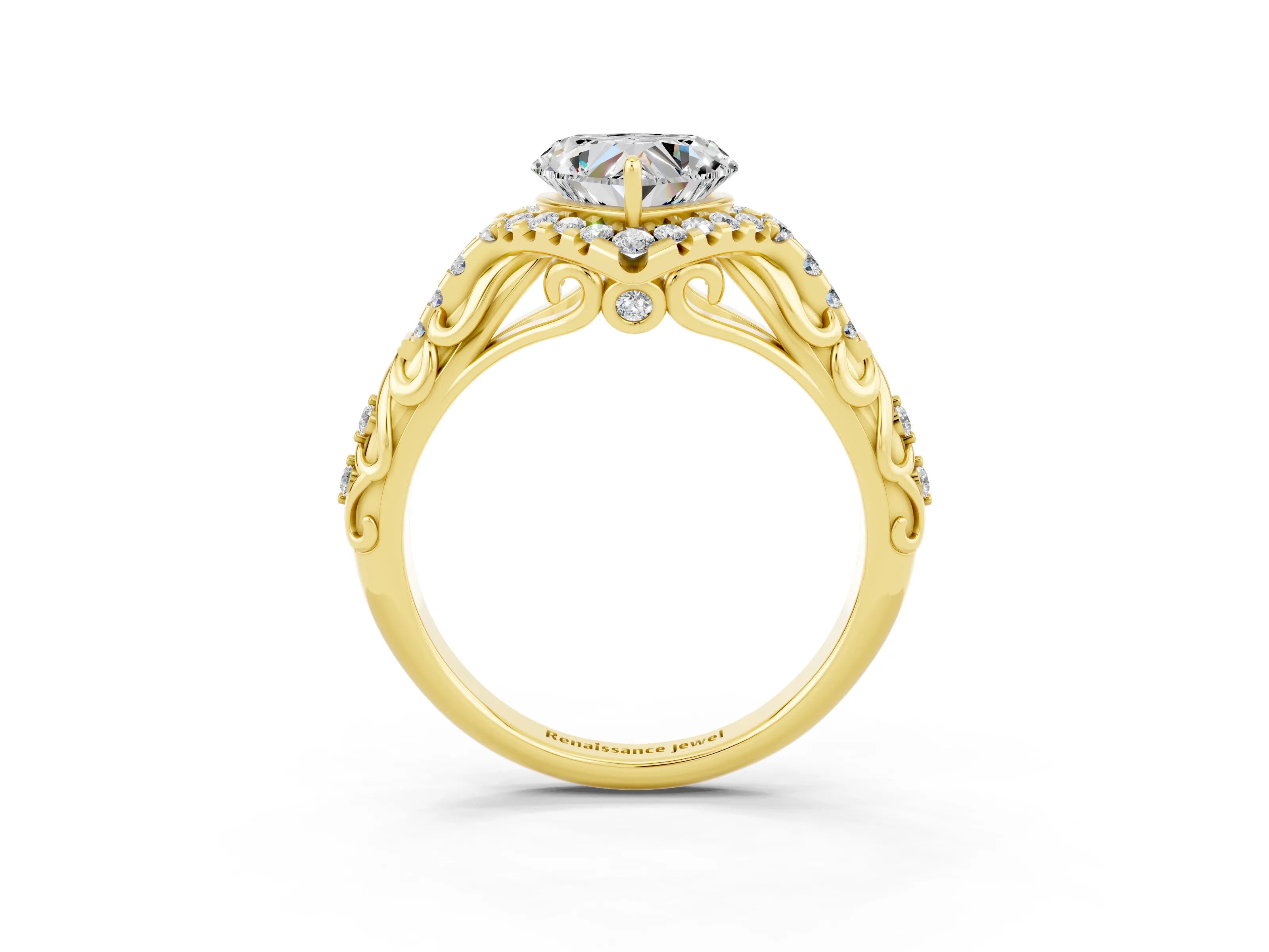 Yellow gold Heart Cut Moissanite Solitaire Ring with Hidden Halo and Pavé Band_15