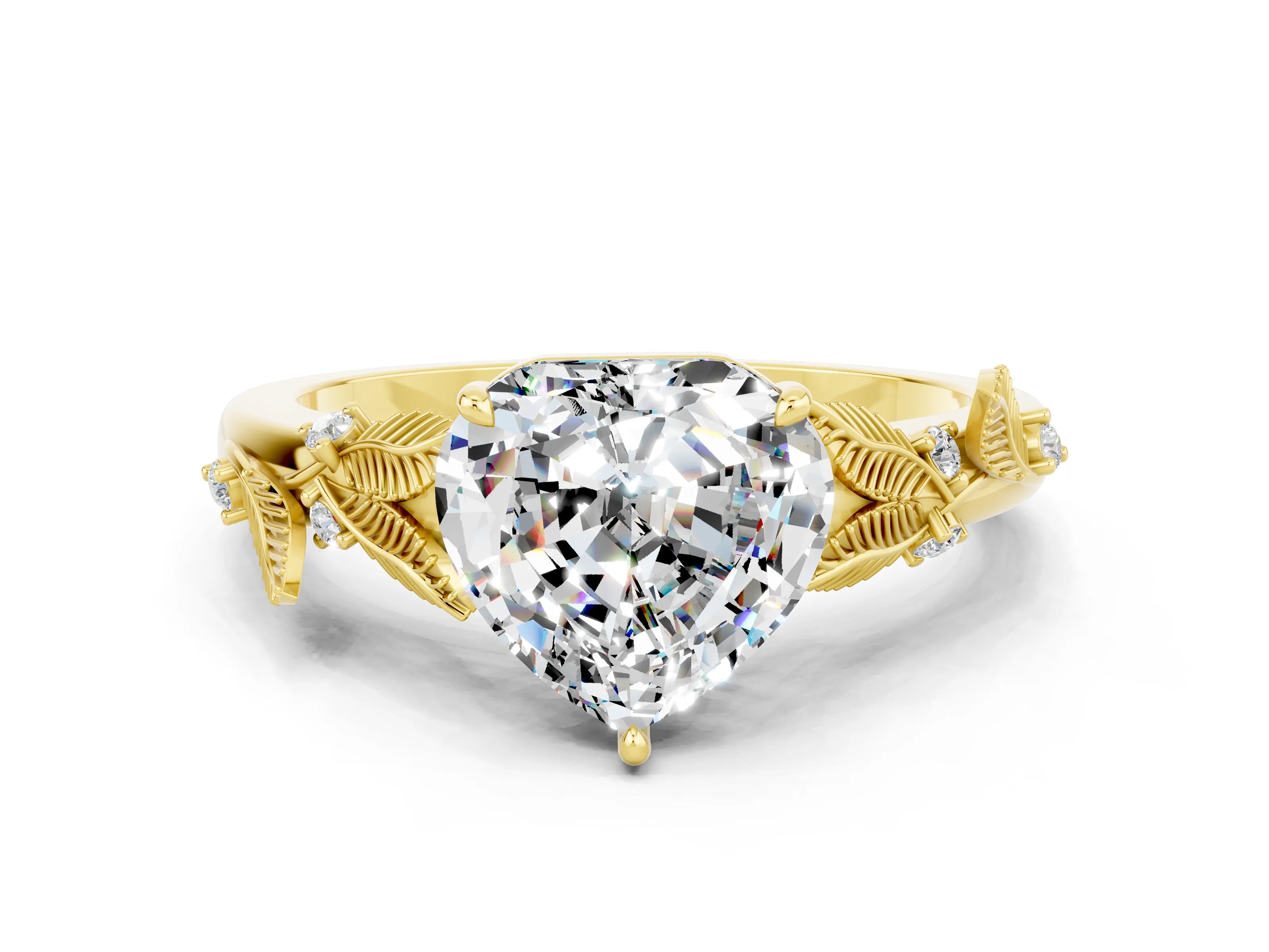 Yellow gold Heart Cut Moissanite Solitaire Ring with Leaf Motif Band and Four-Prong Setting